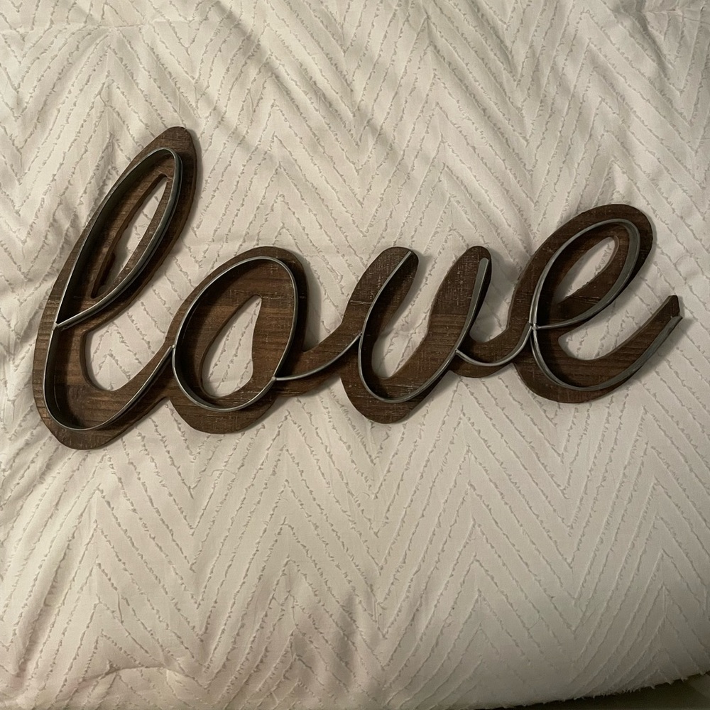 wood with metal outline LOVE in cursive wall decor